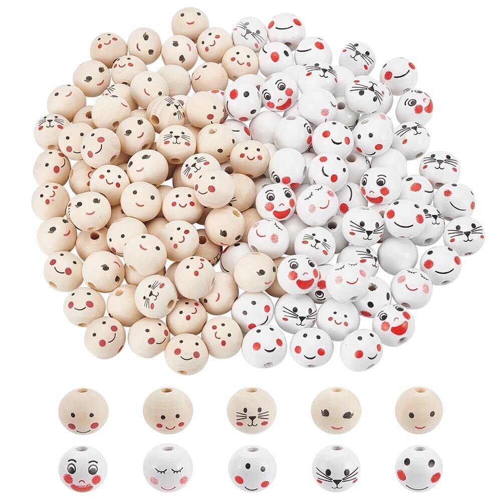 6508 150pcs 20mm Smiling Face Wooden Beads - 10 Styles, Round Spacer Beads